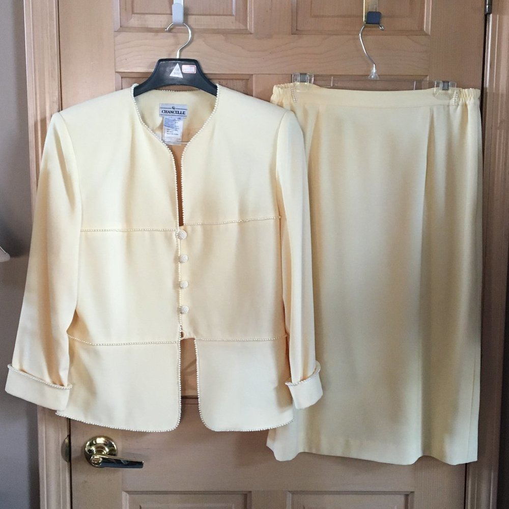 Baby Yellow Pearl Embellished Chancelle Suit Set - Size 14